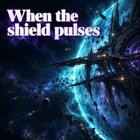 Cinematic space illustration with When the shield pulses headline